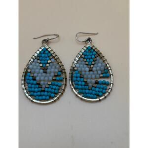 Turquoise White Beaded Teardrop Earrings 2.5"